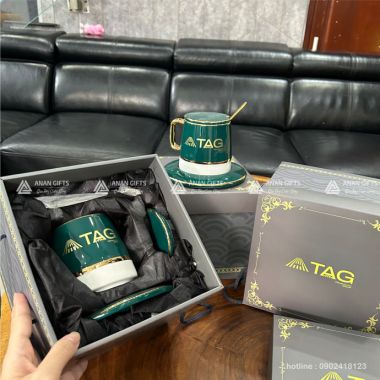 BỘ LY SỨ XANH VIỀN VÀNG IN LOGO TAG - 315
