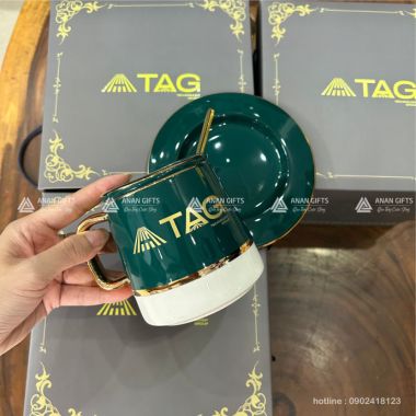 BỘ LY SỨ XANH VIỀN VÀNG IN LOGO TAG - 315