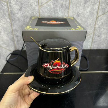 BỘ LY SỨ KÈM DĨA CAO CẤP MÀU ĐEN  - IN LOGO THEO YÊU CẦU GIÁ RẺ
