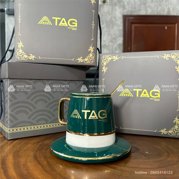 BỘ LY SỨ XANH VIỀN VÀNG IN LOGO TAG - 315