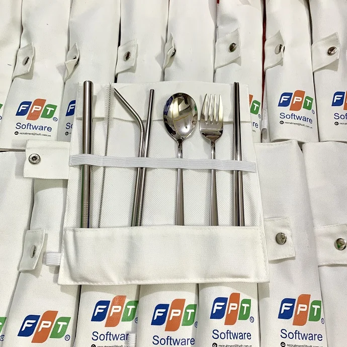 BỘ MUỖNG ĐŨA NĨA ỐNG HÚT CÁ NHÂN KÈM TÚI VẢI IN LOGO FPT