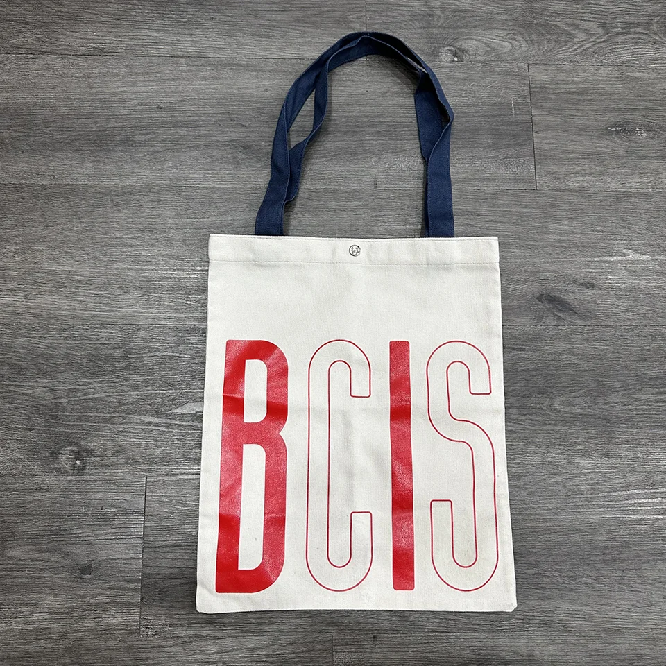 TÚI VẢI CANVAS TRẮNG PHỐI DÂY QUAI XANH IN KÉO LỤA LOGO