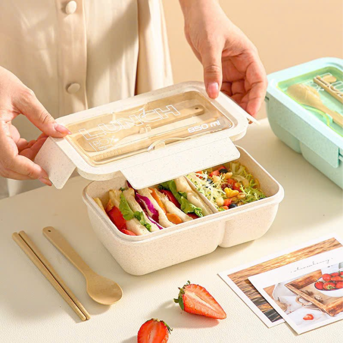 Bộ Hộp Cơm Muỗng Đũa Lúa Mạch 2 Ngăn - In Logo Theo Yêu Cầu